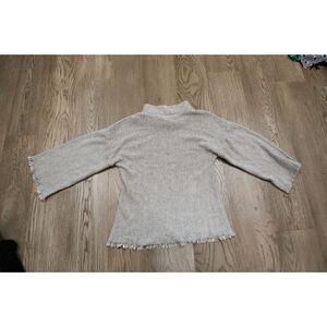 Cousin Earl Textured Fringe Knit Top Size L Oatmeal Boho 3/4 Sleeve Sweater